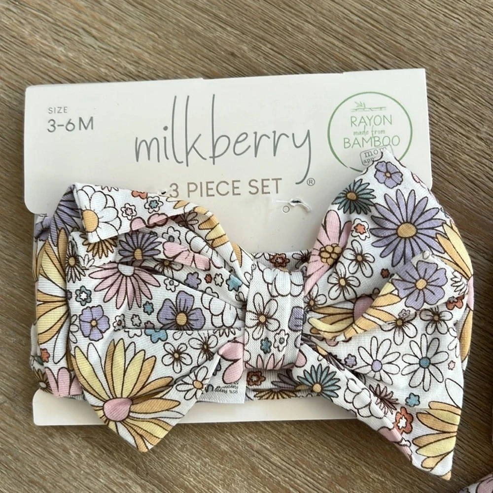 Milkberry Baby Girl Bamboo Floral Dress Headband Diaper Cover 3-6 months